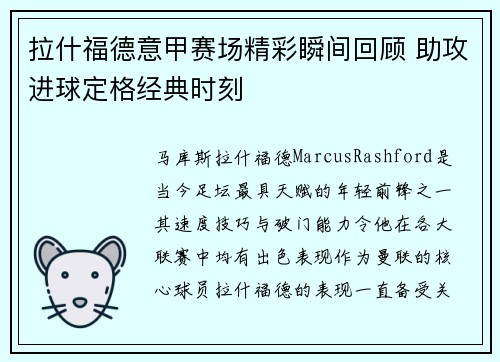 拉什福德意甲赛场精彩瞬间回顾 助攻进球定格经典时刻